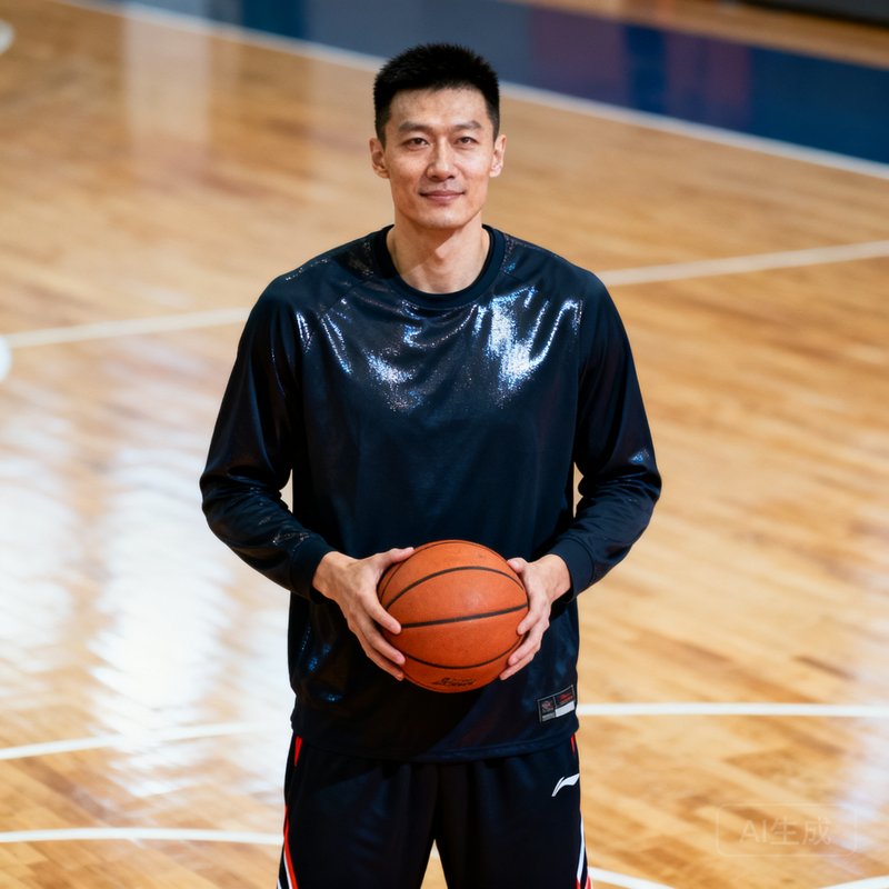 郭海亮——前中国国家男子篮球队队员，身高195厘米，在篮球场上双手抱球，表情沉稳自信，穿着深色运动服。